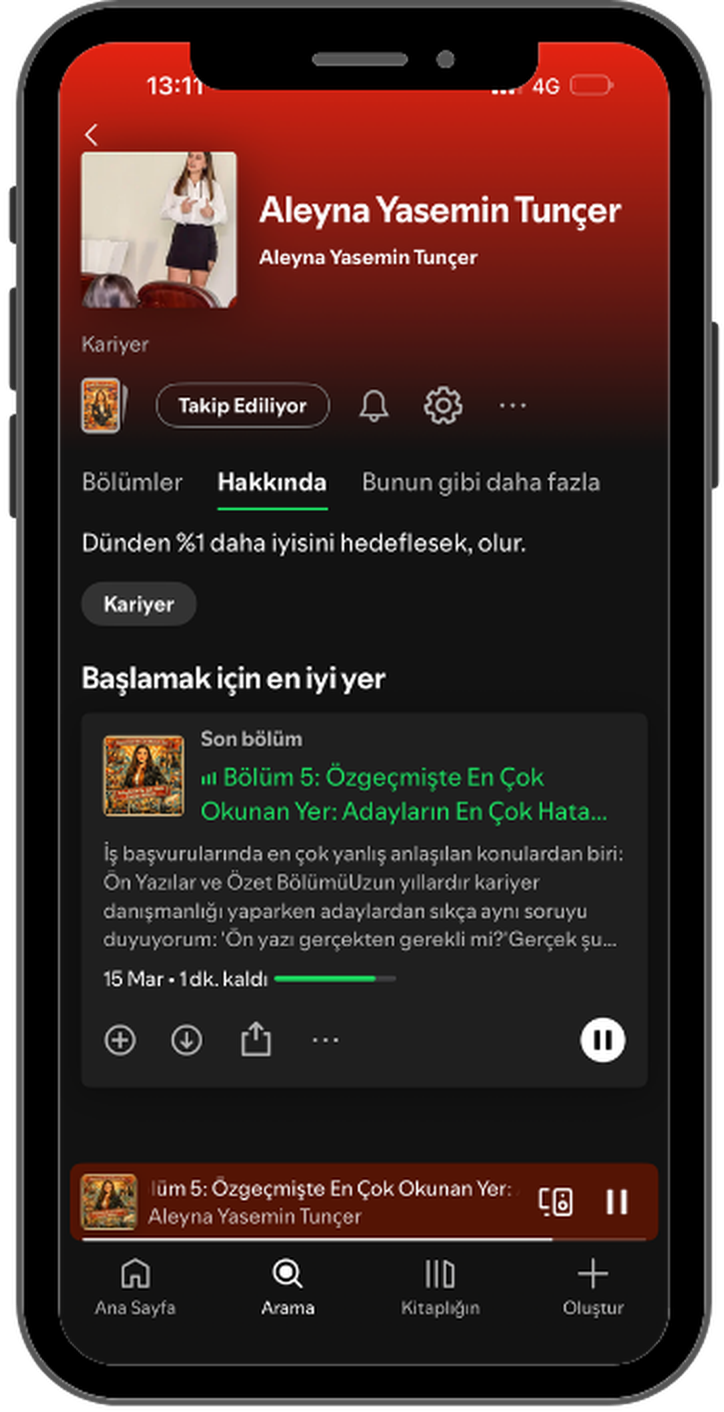 Spotify'da Aleyna Yasemin Tunçer Kariyer podcast'i